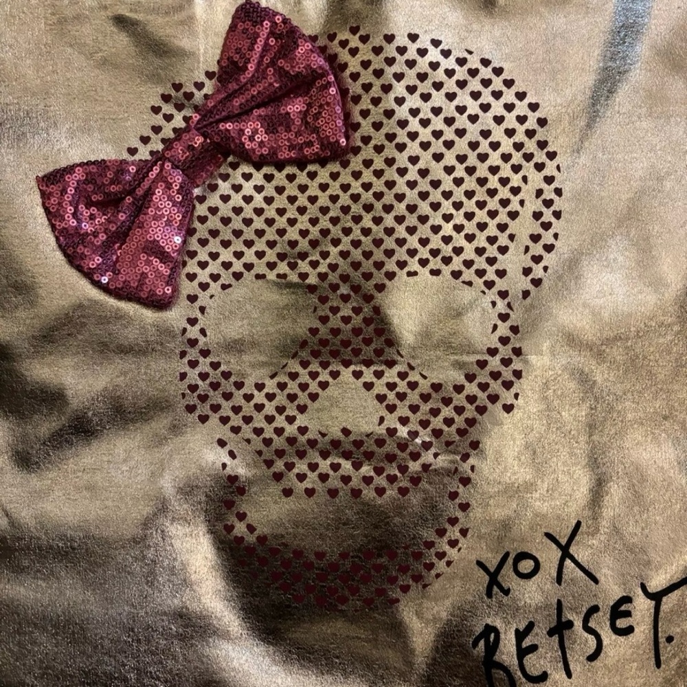 Betsey Johnson Tote XOX Too Too Pretty Rosegold Skull with Pink Sequin Bow